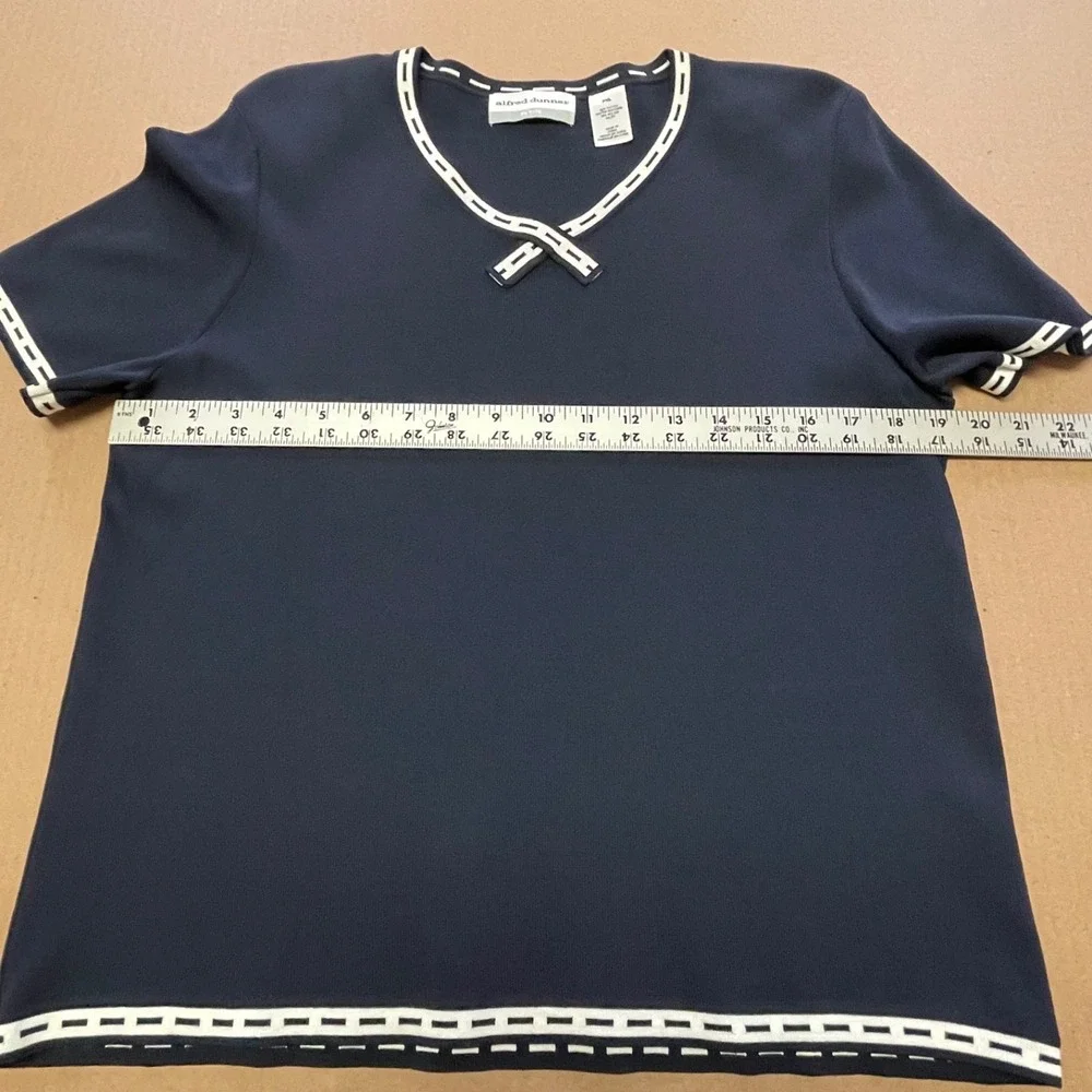 Alfred Dunner Womens Petite XLP Ribbon Trim V Neck Top Navy Blue Nautical Preppy